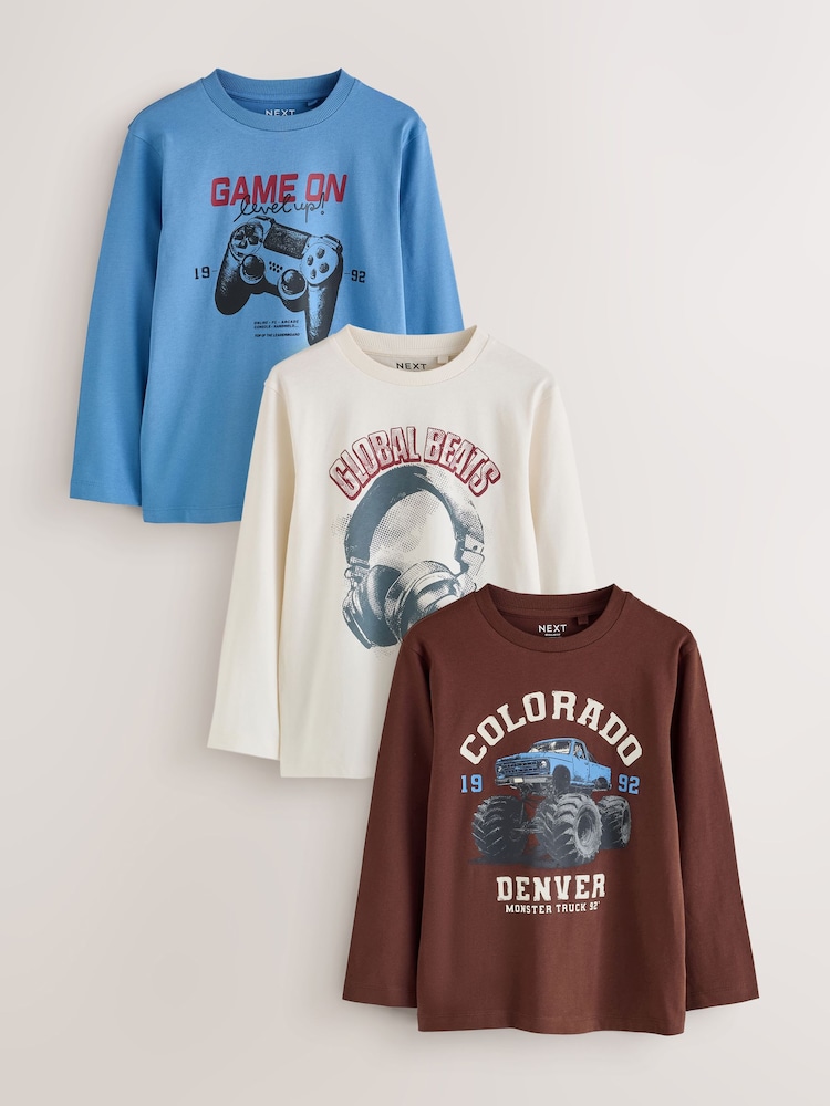 Blue/Brown/Ecru - Графічні футболки з довгим рукавом розслабленого крою, 3 шт. у наборі (3–16років) - Image 1 of 7 Blue/Brown/Ecru - Графічні футболки з довгим рукавом розслабленого крою, 3 шт. у наборі (3–16років) - Image 1 of 7