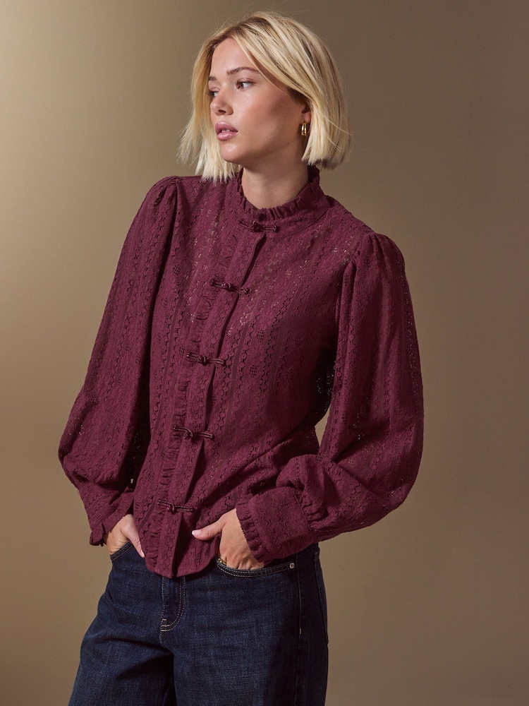 Wine Long Sleeved Lace Fastening Blouse - Image 1 of 8 Wine Long Sleeved Lace Fastening Blouse - Image 1 of 8