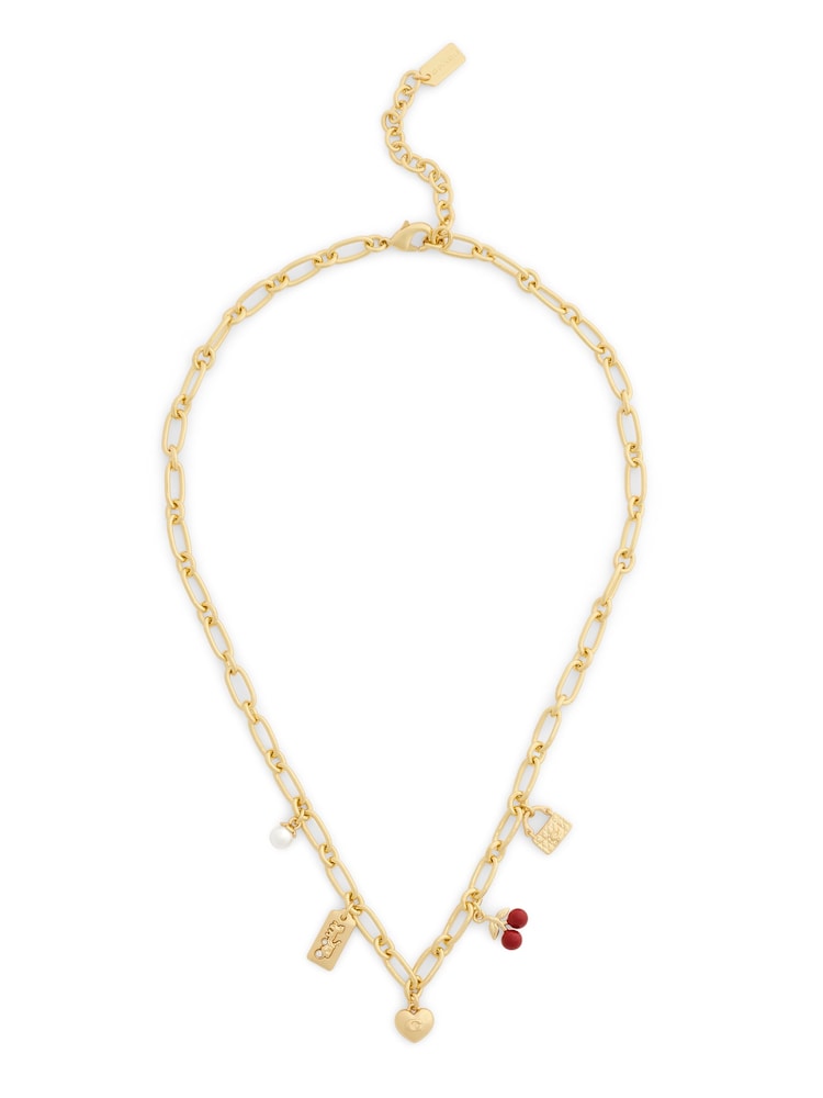 COACH Gold Tone Signature Cherry Charm Bib Necklace - Image 1 of 5 COACH Gold Tone Signature Cherry Charm Bib Necklace - Image 1 of 5