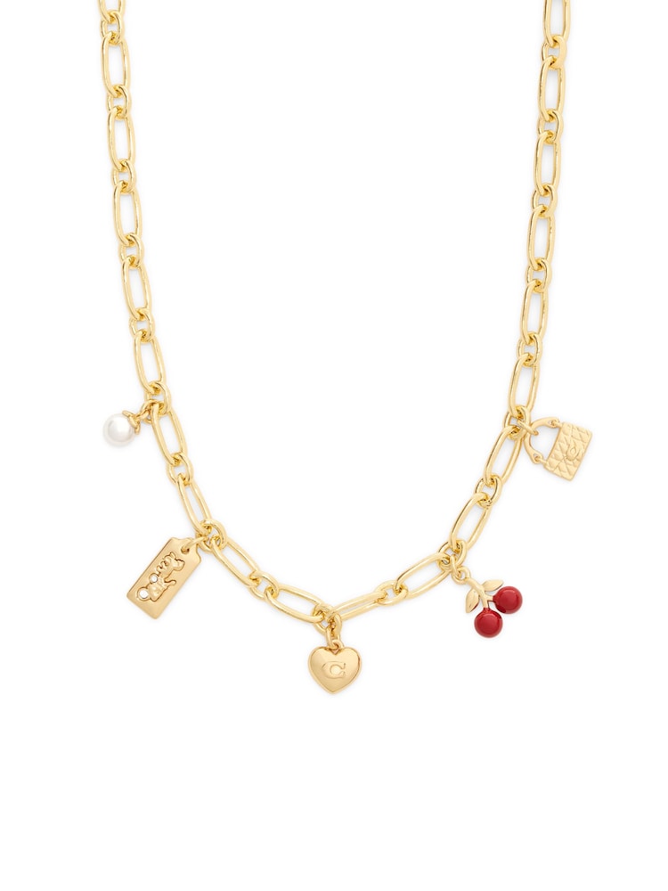 COACH Gold Tone Signature Cherry Charm Bib Necklace - Image 2 of 5 COACH Gold Tone Signature Cherry Charm Bib Necklace - Image 2 of 5