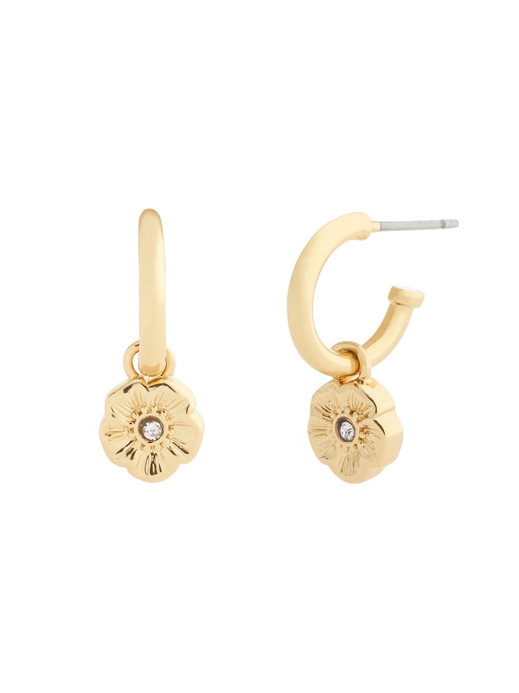 COACH Gold Tone Signature Tea Rose Charm Huggie Earrings - Image 1 of 3 COACH Gold Tone Signature Tea Rose Charm Huggie Earrings - Image 1 of 3