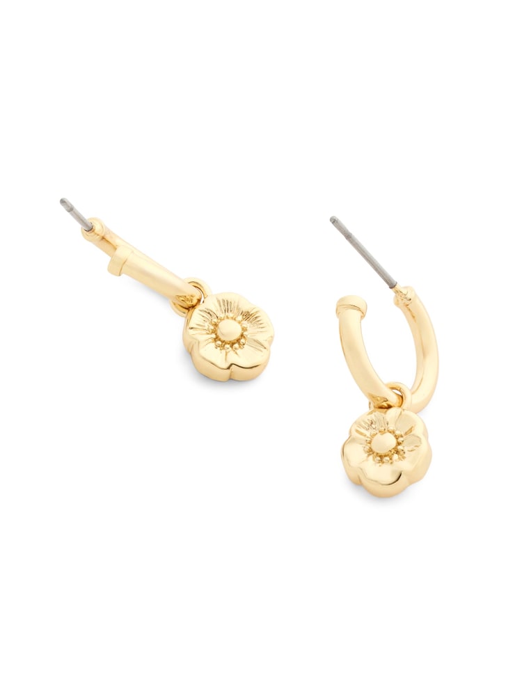 COACH Gold Tone Signature Tea Rose Charm Huggie Earrings - Image 2 of 3 COACH Gold Tone Signature Tea Rose Charm Huggie Earrings - Image 2 of 3