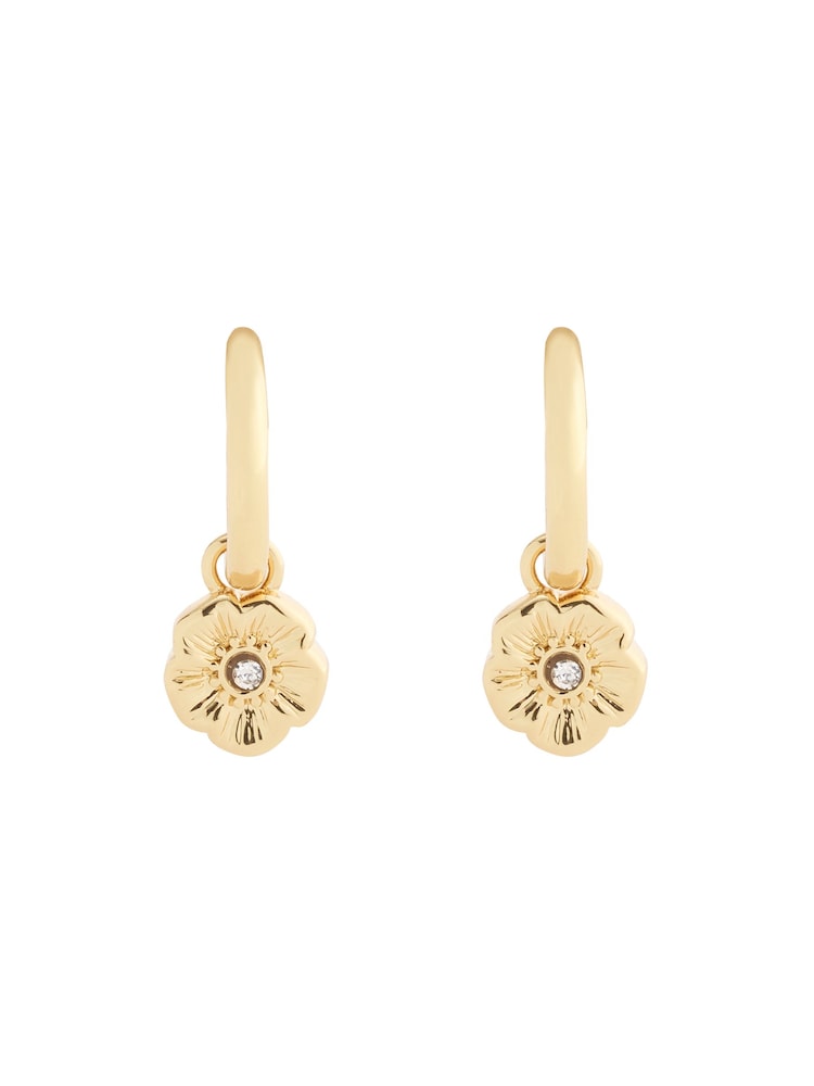 COACH Gold Tone Signature Tea Rose Charm Huggie Earrings - Image 3 of 3 COACH Gold Tone Signature Tea Rose Charm Huggie Earrings - Image 3 of 3