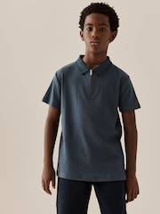 Blue Texture Zip Neck Short Sleeve Polo Shirt (3-16yrs) - Image 1 of 4