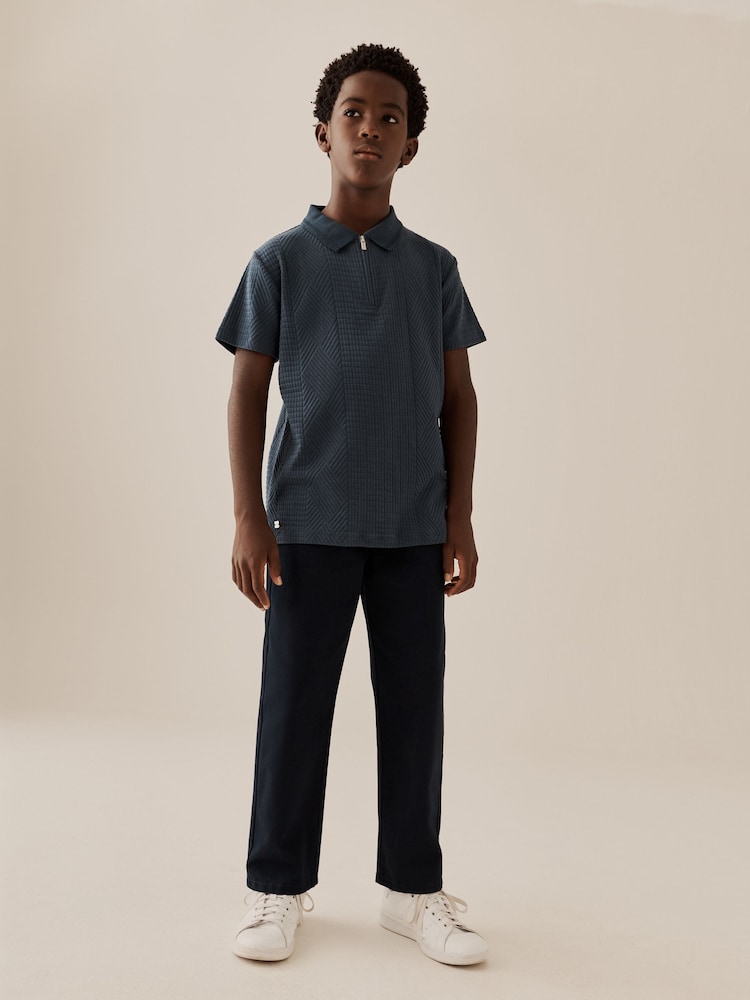 Blue Texture Zip Neck Short Sleeve Polo Shirt (3-16yrs) - Image 2 of 4 Blue Texture Zip Neck Short Sleeve Polo Shirt (3-16yrs) - Image 2 of 4