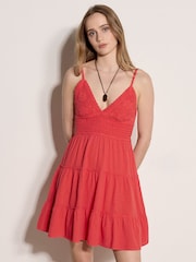 Apricot Pink Bow Back Crochet Cami Mini Dress - Image 1 of 5