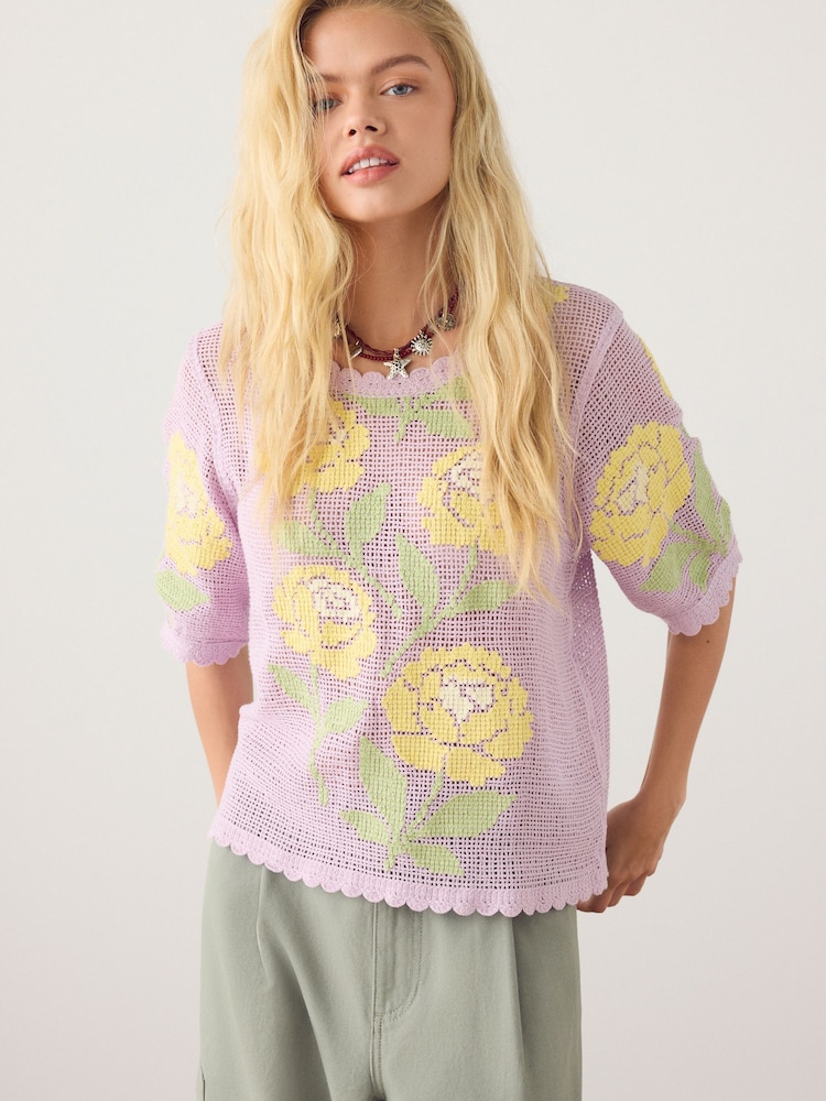 Purple/Yellow Multi Floral Crochet Short Sleeve Crew Neck T-Shirt - Image 1 of 5 Purple/Yellow Multi Floral Crochet Short Sleeve Crew Neck T-Shirt - Image 1 of 5