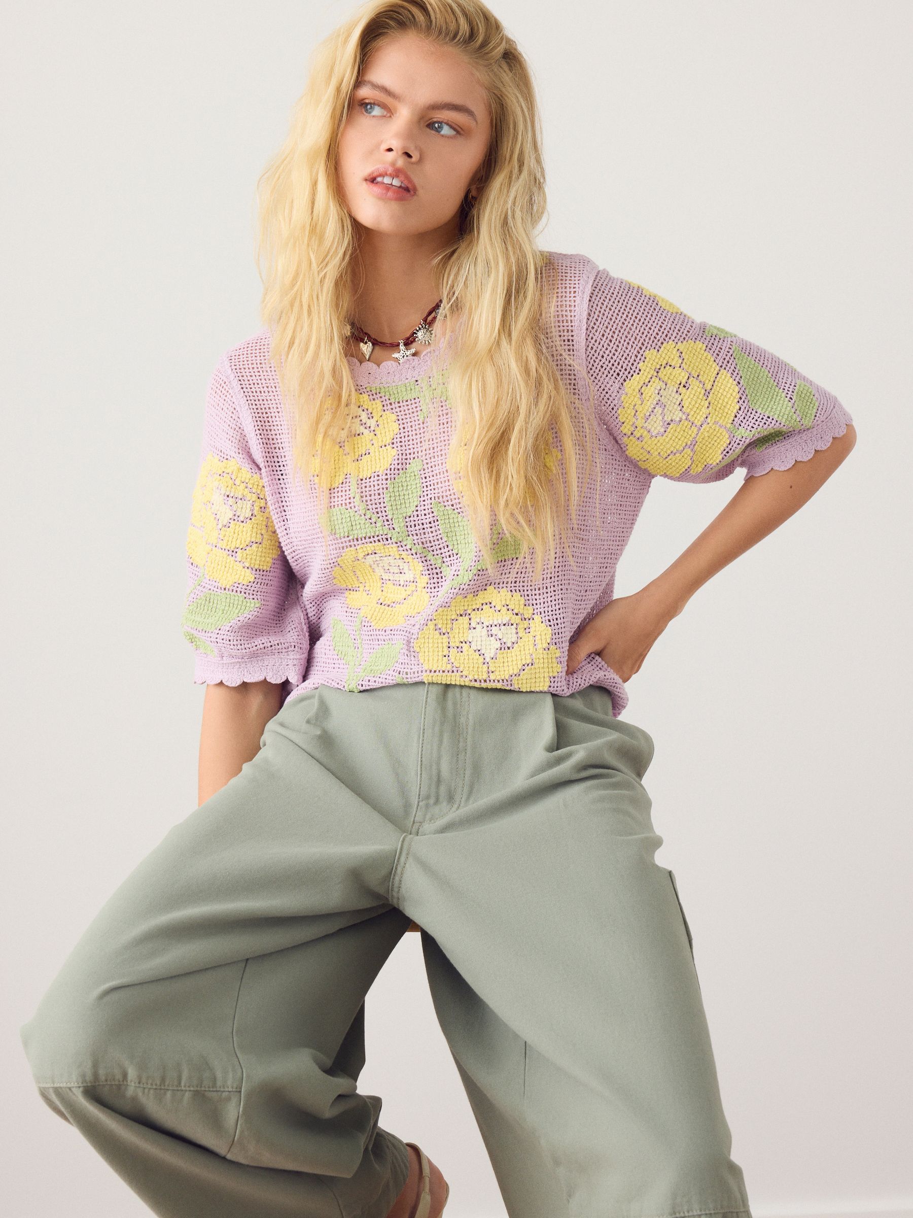 Buy Purple/Yellow Multi Floral Crochet Short Sleeve Crew Neck T