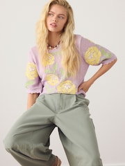 Purple/Yellow Multi Floral Crochet Short Sleeve Crew Neck T-Shirt - Image 3 of 5