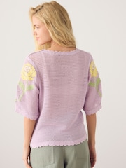 Purple/Yellow Multi Floral Crochet Short Sleeve Crew Neck T-Shirt - Image 4 of 5