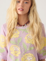 Purple/Yellow Multi Floral Crochet Short Sleeve Crew Neck T-Shirt - Image 5 of 5