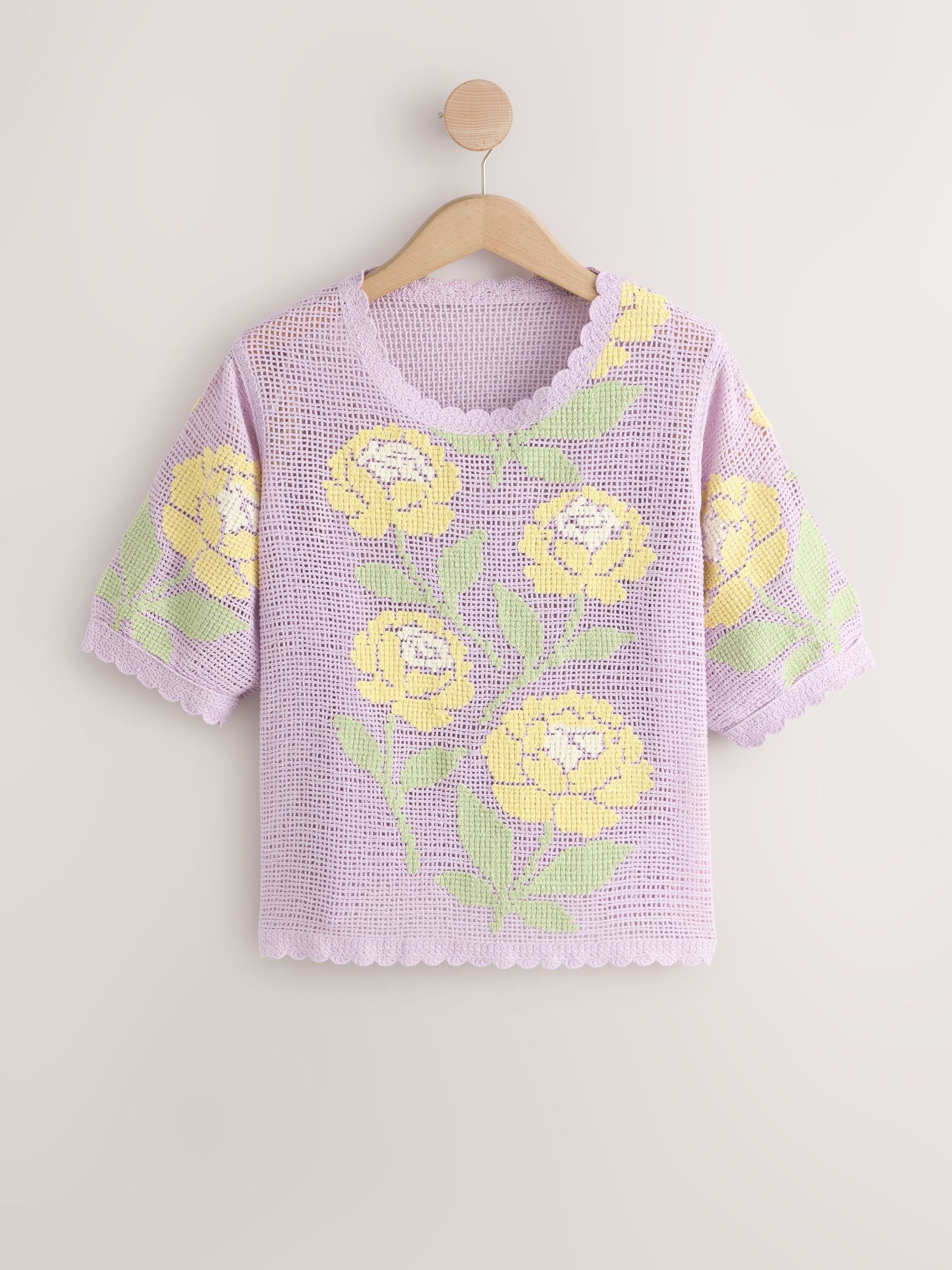 Buy Purple/Yellow Multi Floral Crochet Short Sleeve Crew Neck T