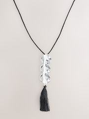 Silver Tone/Black Disc Pendant Tassel Cord Long Necklace - Image 1 of 3