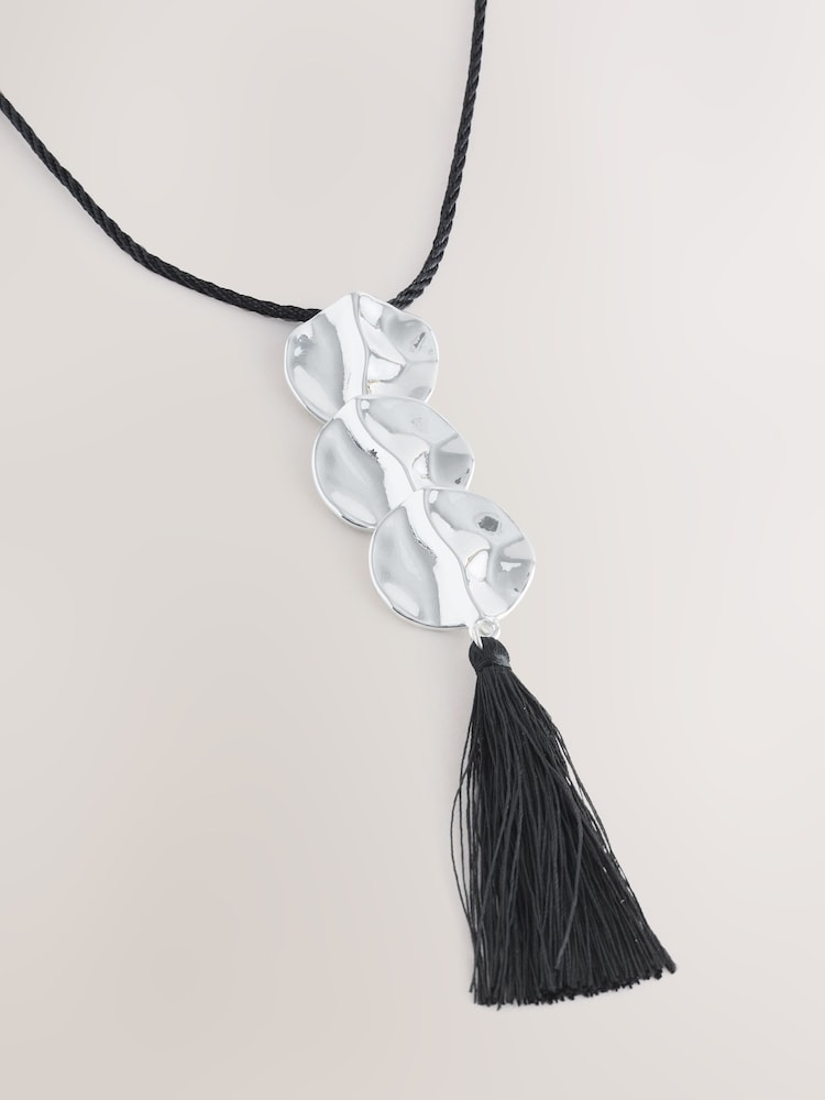 Silver Tone/Black Disc Pendant Tassel Cord Long Necklace - Image 3 of 3 Silver Tone/Black Disc Pendant Tassel Cord Long Necklace - Image 3 of 3