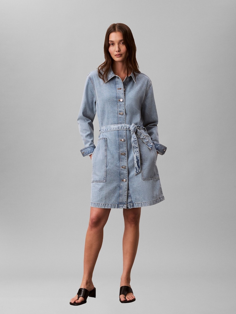 Calvin Klein Blue Belted Denim Shirt Dress - Image 1 of 5