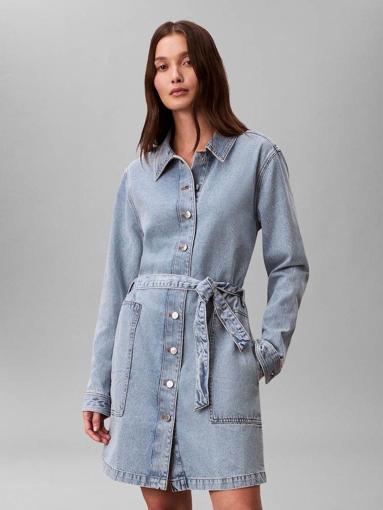 Calvin Klein Blue Belted Denim Shirt Dress - Image 2 of 5