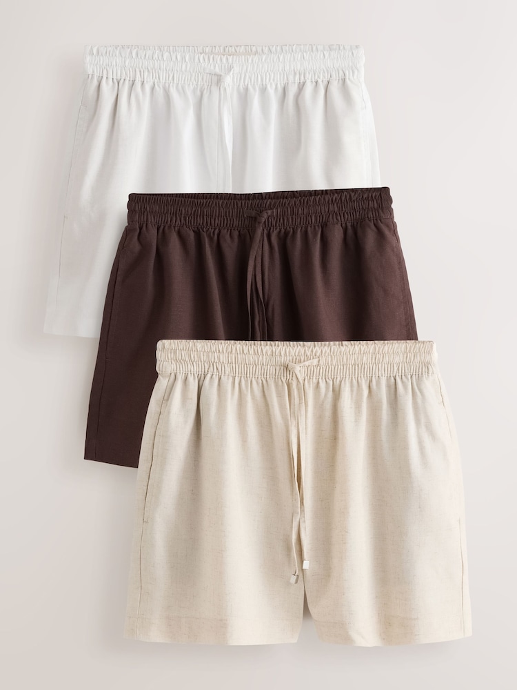 Chocolate/Neutral/White Pull On Shorts With Linen 3 Pack - Image 1 of 9 Chocolate/Neutral/White Pull On Shorts With Linen 3 Pack - Image 1 of 9