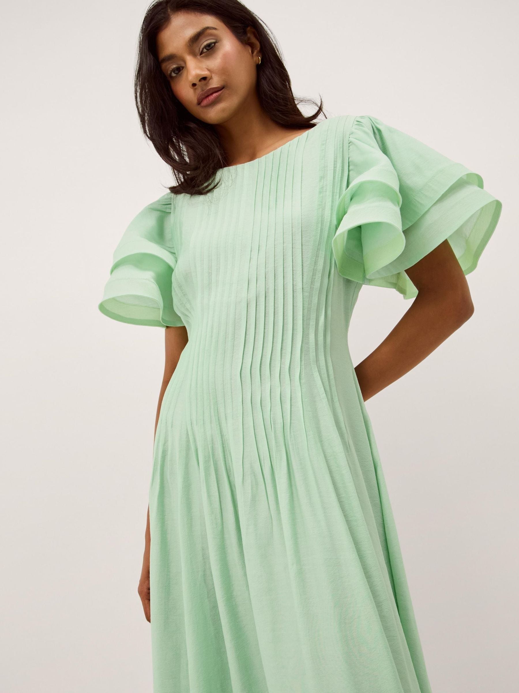 Buy Monsoon Green Pelia Flutter Sleeve Pleated Midi Dress from