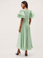 Monsoon Green Pelia Flutter Sleeve Pleated Midi Dress - Image 3 of 5