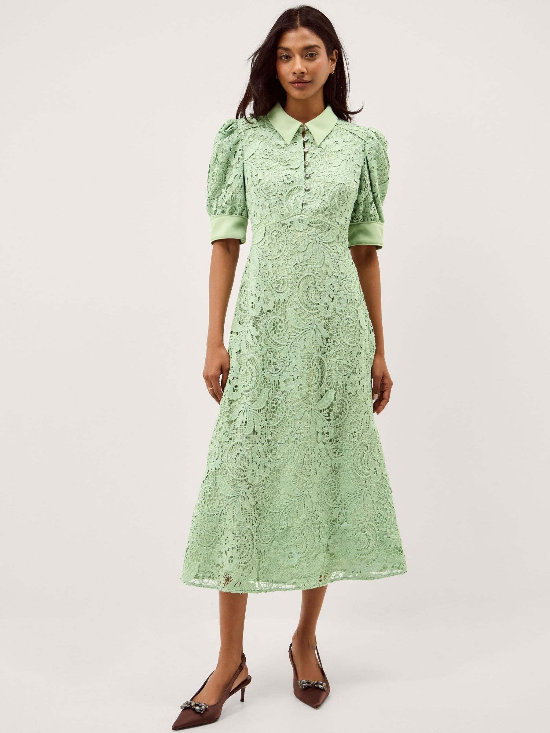 Buy Monsoon Green Bridget Collared Puff Short Sleeve Lace Midi