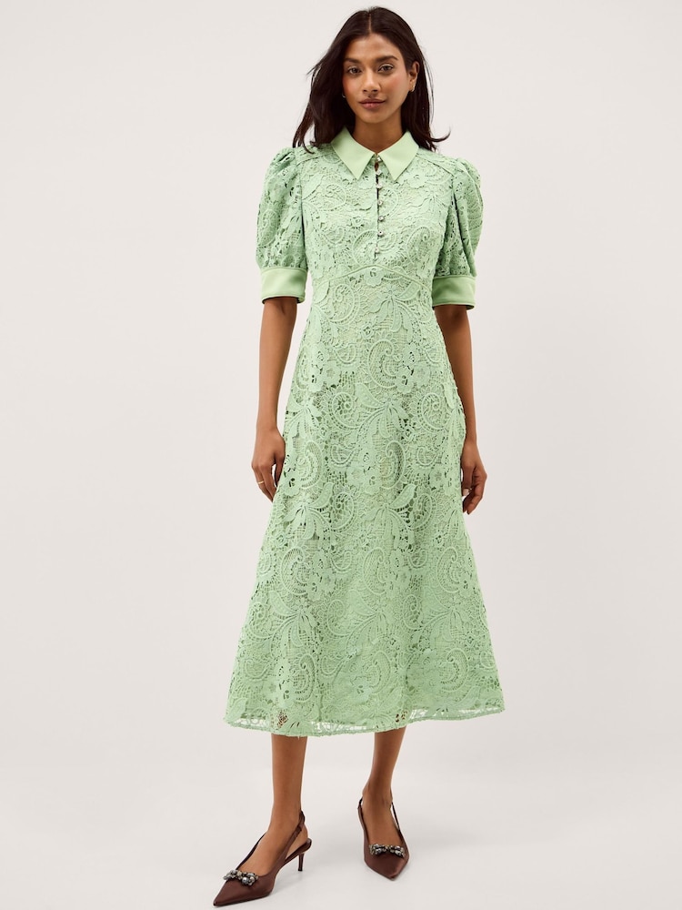 Monsoon Green Bridget Puff Sleeve Lace Midi Dress - Image 1 of 5