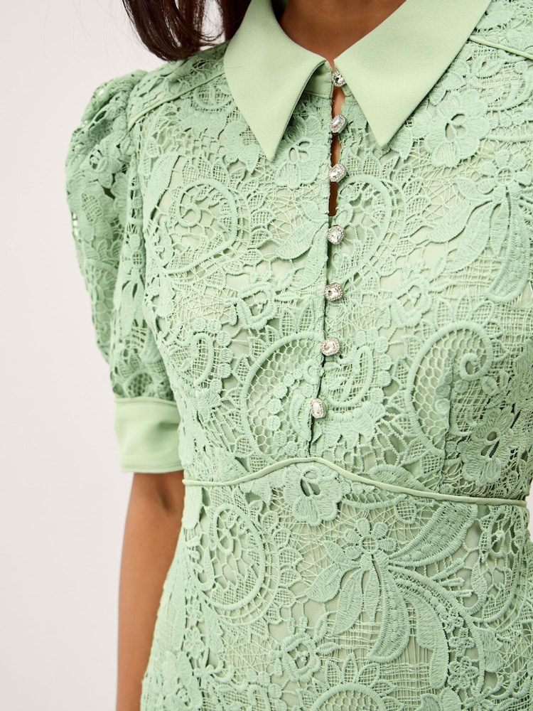 Monsoon Green Bridget Puff Sleeve Lace Midi Dress - Image 2 of 5