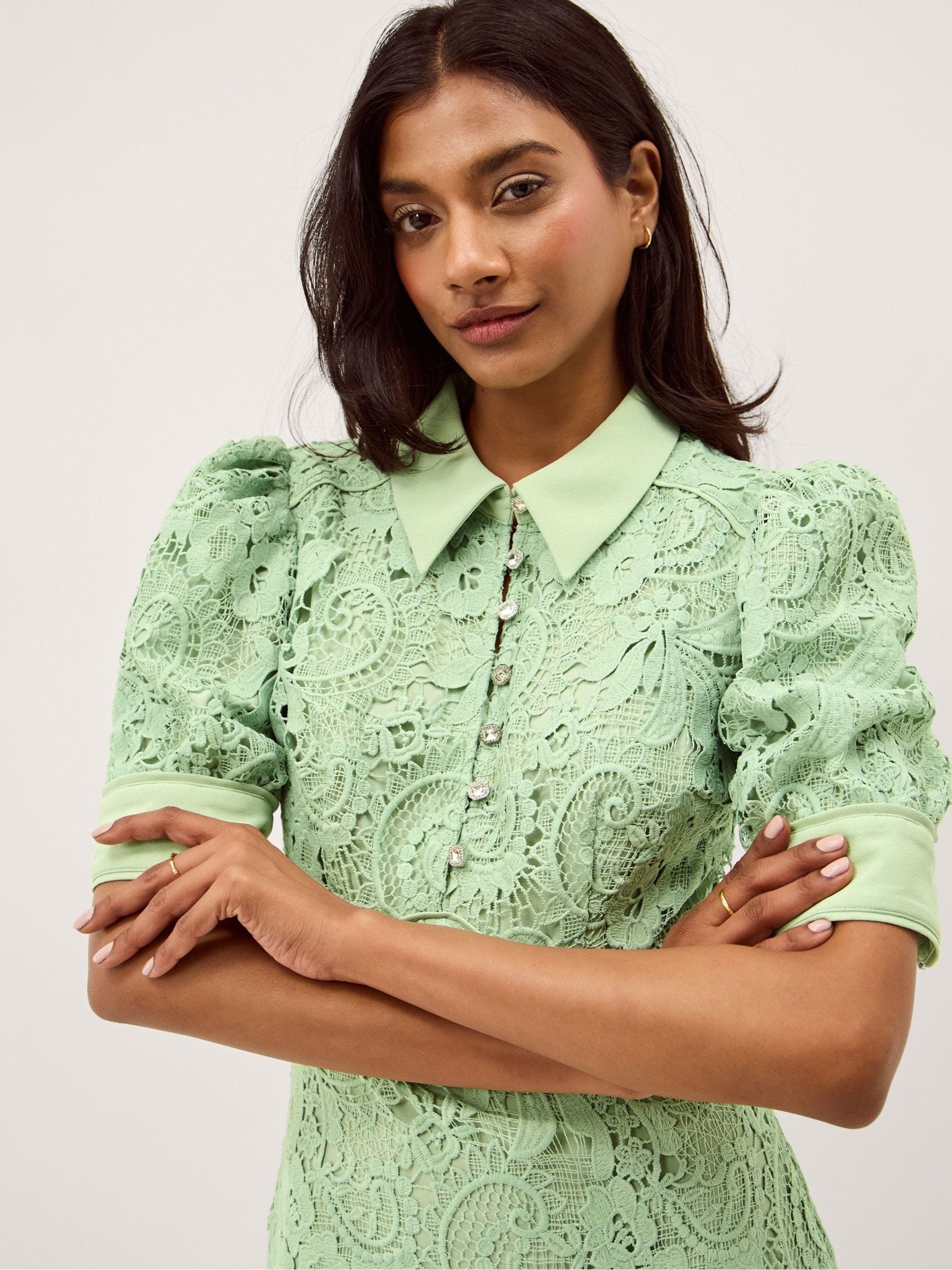 Buy Monsoon Green Bridget Collared Puff Short Sleeve Lace Midi