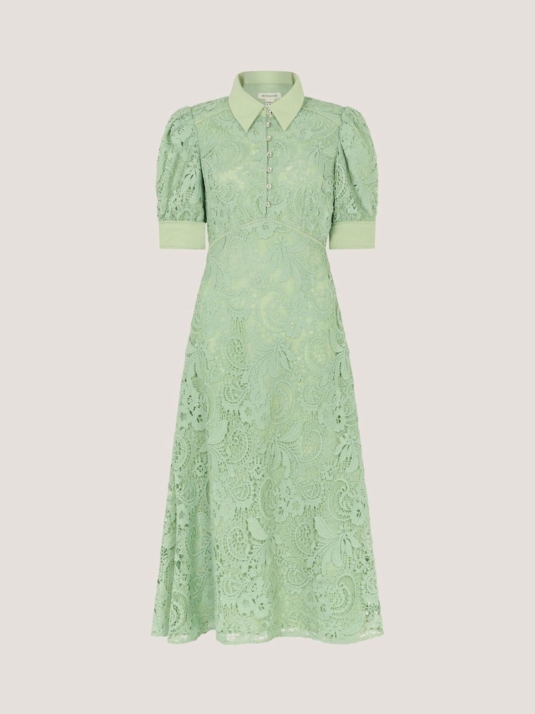 Monsoon Green Bridget Puff Sleeve Lace Midi Dress - Image 5 of 5