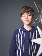 Navy Vertical Stripe Long Sleeve Button Through Polo Shirt (3-16yrs) - Image 2 of 4