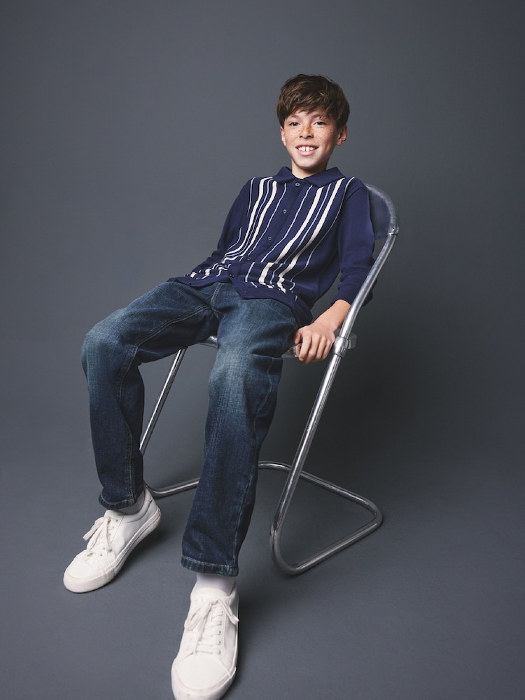 Navy Vertical Stripe Long Sleeve Button Through Polo Shirt (3-16yrs) - Image 4 of 4