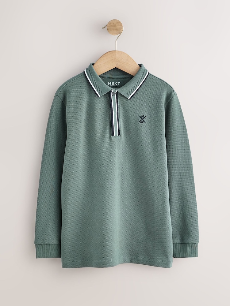 Vert kaki - Long Sleeve Tipped Polo Shirt (3-16yrs) - Image 1 de 4