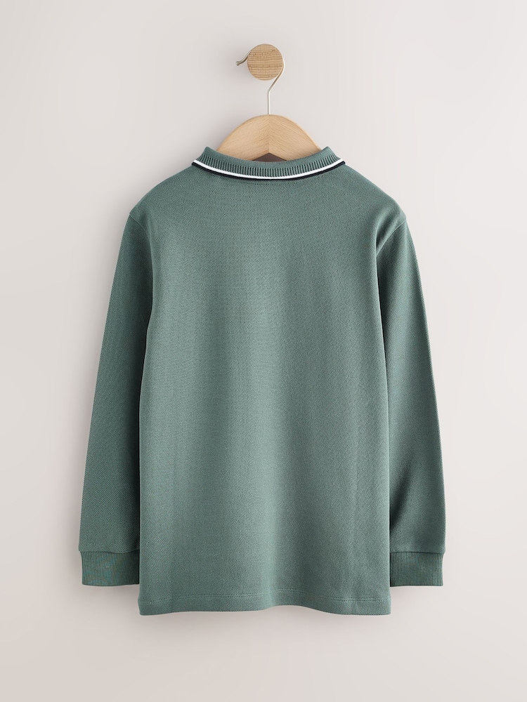 Vert kaki - Long Sleeve Tipped Polo Shirt (3-16yrs) - Image 2 de 4