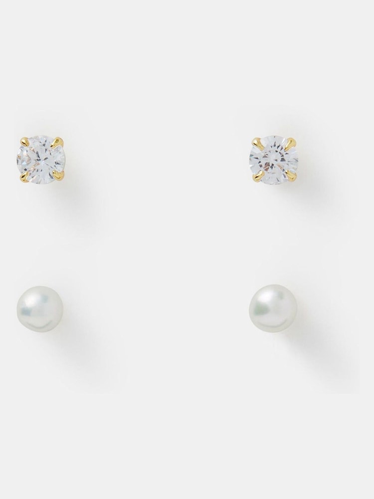 Accessorize Gold Tone Pearl Stud Earrings 2 Pack - Image 1 of 3