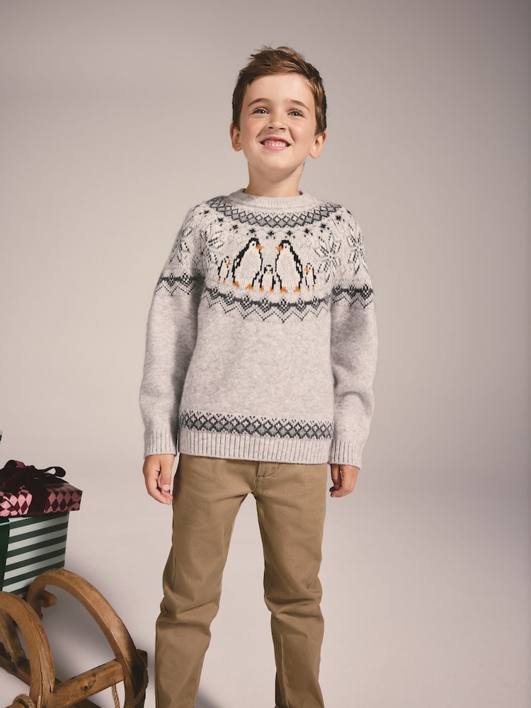Charcoal Grey Fairisle Penguin Christmas Jumper (3mths-16yrs) - Image 1 of 9 Charcoal Grey Fairisle Penguin Christmas Jumper (3mths-16yrs) - Image 1 of 9