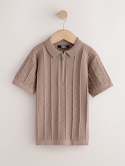 Neutral Zip Neck Texture Short Sleeve Polo Shirt (3-16yrs) - Image 1 of 4