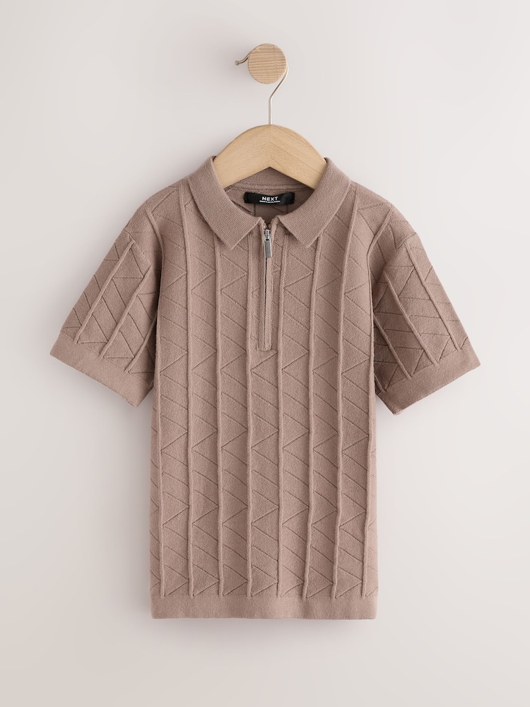Neutral Zip Neck Texture Short Sleeve Polo Shirt (3-16yrs) - Image 1 of 4 Neutral Zip Neck Texture Short Sleeve Polo Shirt (3-16yrs) - Image 1 of 4