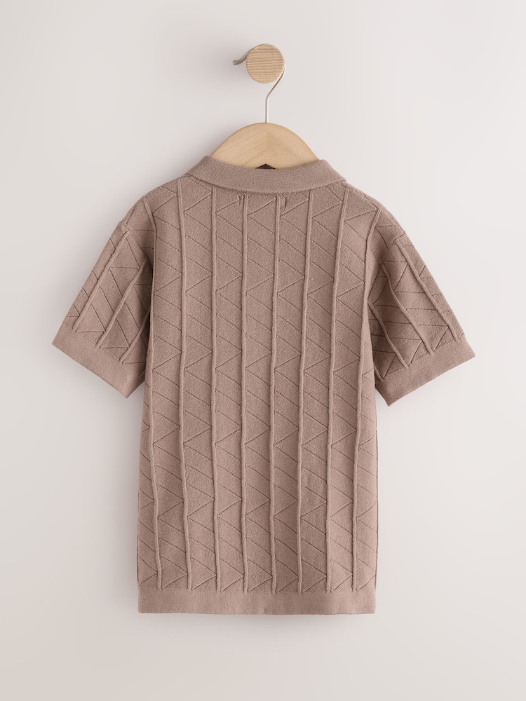 Neutral Zip Neck Texture Short Sleeve Polo Shirt (3-16yrs) - Image 2 of 4 Neutral Zip Neck Texture Short Sleeve Polo Shirt (3-16yrs) - Image 2 of 4