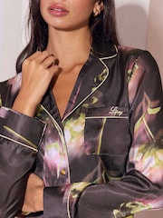 Lipsy Purple Floral Satin Long Sleeve Collared Short Pyjamas Set - Image 2 of 5