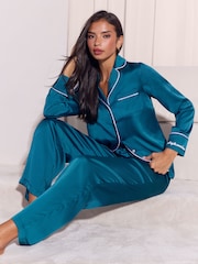 Sinivihreä Sininen - Lipsy Satin Button Down Pyjamas Set - Kuva 1 / 5