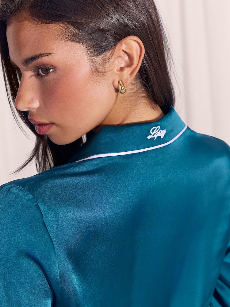 Sinivihreä Sininen - Lipsy Satin Button Down Pyjamas Set - Kuva 5 / 5