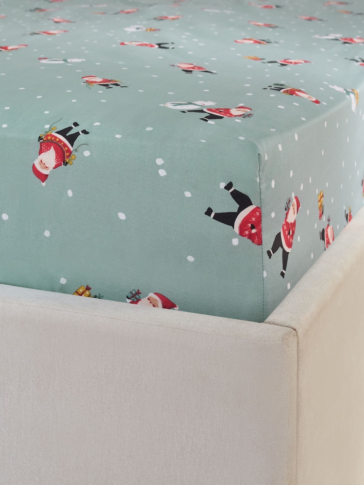 Green Santa Christmas Fitted Sheet and Pillowcase Set - Image 2 of 2 Green Santa Christmas Fitted Sheet and Pillowcase Set - Image 2 of 2