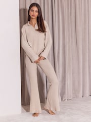 Lipsy Camel Super Soft Rib Collar Logo Embroidered Lounge Set - Image 1 of 4