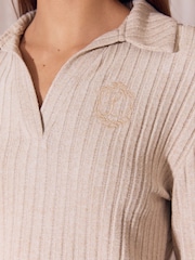 Lipsy Camel Super Soft Rib Collar Logo Embroidered Lounge Set - Image 2 of 4
