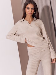 Lipsy Camel Super Soft Rib Collar Logo Embroidered Lounge Set - Image 3 of 4