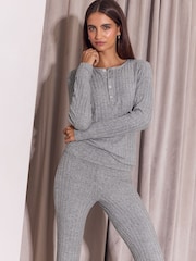 Lipsy Grey Cosy Ribbed Henley Top And Trousers Lounge Set - Image 3 of 7