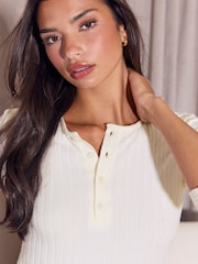 Lipsy Cream Cosy Ribbed Henley Top And Trousers Lounge Set - Image 2 of 5