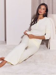 Lipsy Cream Cosy Ribbed Henley Top And Trousers Lounge Set - Image 4 of 5