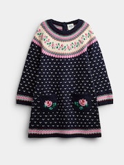 Jojo Maman Bébé Navy Blue Rose Fairisle Knitted Dress - Image 1 of 4