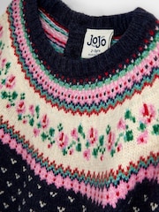 Jojo Maman Bébé Navy Blue Rose Fairisle Knitted Dress - Image 4 of 4