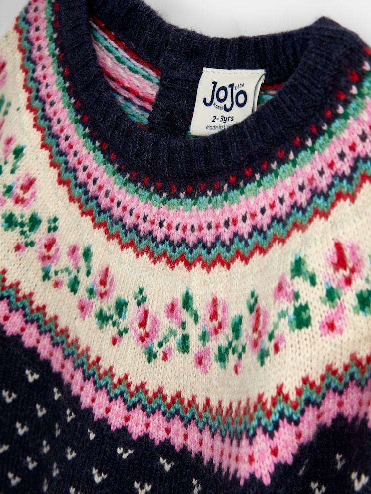 Jojo Maman Bébé Navy Blue Rose Fairisle Knitted Dress - Image 4 of 4 Jojo Maman Bébé Navy Blue Rose Fairisle Knitted Dress - Image 4 of 4